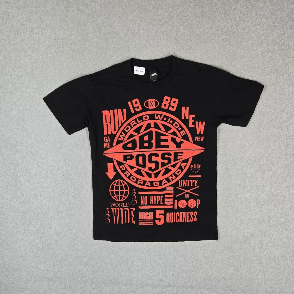Obey Men Shirt S Black Graphic Posse Propaganda Logo Graphic Print Streetwear